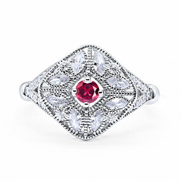 Art Deco Ring Marquise Filigree Simulated Ruby CZ 925 Sterling Silver
